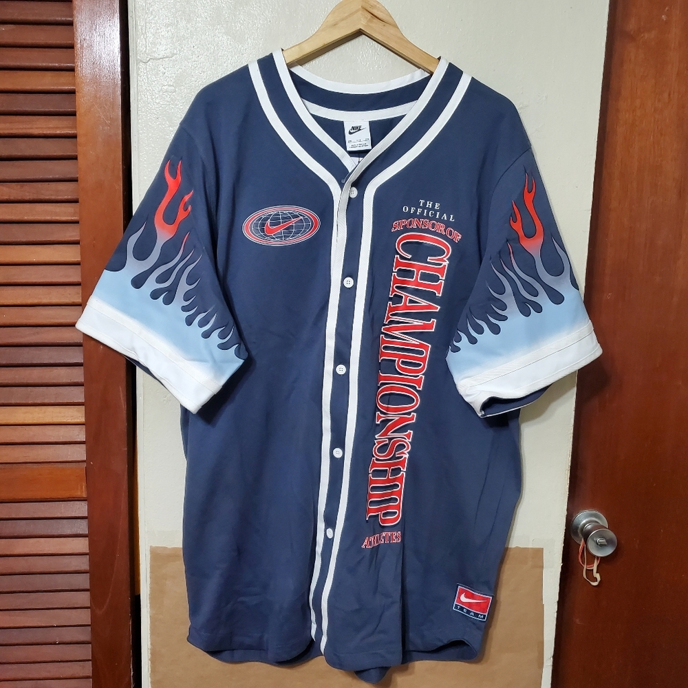 Nike Americana Blue Flames Button Down Baseball Jersey